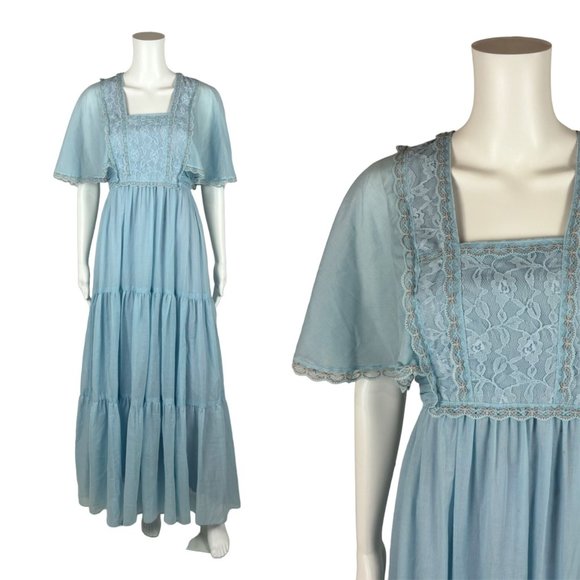 Vintage 70s Prairie Dress Women's Small Blue Lace Maxi Flutter Sleeves Tiered